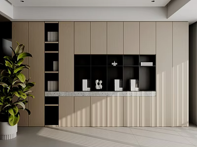 Modern Decorative Cabinet With Beige Black Finish Open Shelves Decorative Items And Potted Plant 3d model