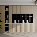 Modern Decorative Cabinet With Beige Black Finish Open Shelves Decorative Items And Potted Plant