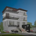 Modern Detached Villa Exterior With Three Story Design Large Windows Balconies And Front Car