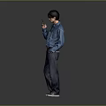 Man in Blue Shirt and Jeans Standing with Hand Near Mouth on Gray Background 3d model