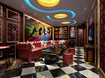 Modern KTV Interior With Red Sofas Black Coffee Table Colorful Mural And Round Ceiling Lights 3d model