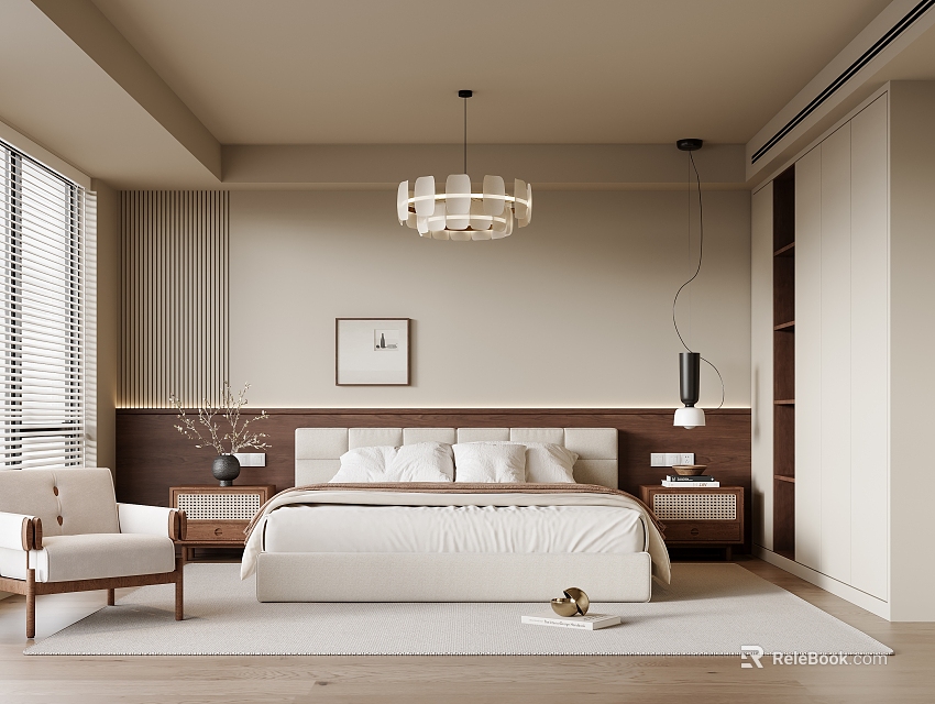 Modern Minimalist Bedroom Interior With Bed Nightstands Pendant Light And Accent Chair 3d model 