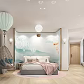 Kids Hotel Guest Room With Hot Air Balloon Decor Mural Bed Pendant Lights And Rug