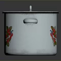 Vintage Enamel Pot With Lid Floral And Berry Patterns White Body Black Rim