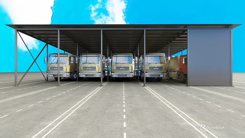 Large Carport Covered Parking Lot With Multiple Trucks Parked Under 3d model 