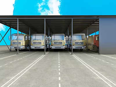 Large Carport Covered Parking Lot With Multiple Trucks Parked Under 3d model