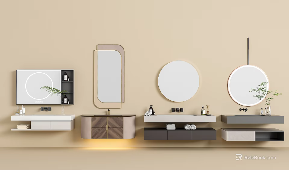 Modern Bathroom Vanity Set With Various Mirrors Sinks And Cabinets 3d model