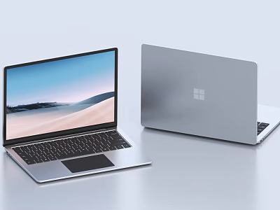 Open And Closed Microsoft Laptops With Sleek Silver Design And Scenic Desktop 3d model
