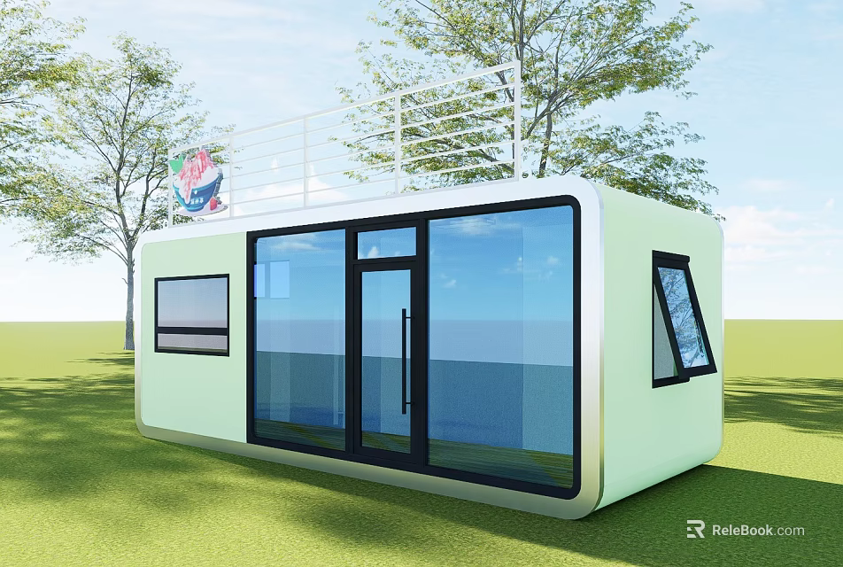 Modern Container House With Large Glass Windows Roof Railing Sign Green Grass And Trees 3d model 