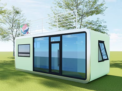 Modern Container House With Large Glass Windows Roof Railing Sign Green Grass And Trees 3d model