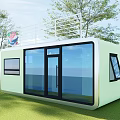 Modern Container House With Large Glass Windows Roof Railing Sign Green Grass And Trees