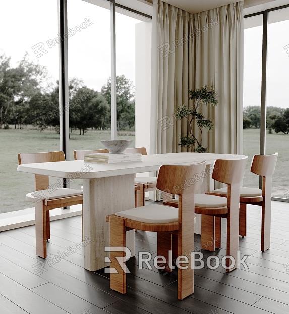 Modern Restaurant Dining Table and Chair Decoration Leisure Chair Green Plant Curtain model