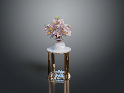 Exquisite Sculpture Carving Art On Ceramic Vase With Pink Flowers On Gold Pedestal 3d model