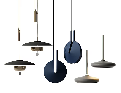 Modern Minimalist Pendant Lights With Round Disc And Bowl Shaped Designs In Dark Blue Gray 3d model