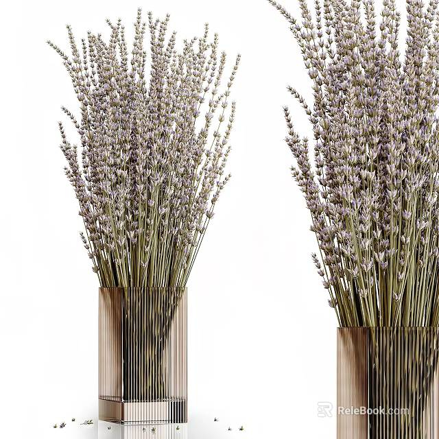 Lavender Bouquets In Wooden Vases With Striped Design On White Background 3d model 