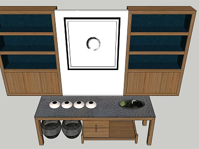 Wooden Tea Table and Chairs with White Cups Green Plate Wooden Cabinets and Blue Shelves 3d model