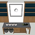 Wooden Tea Table and Chairs with White Cups Green Plate Wooden Cabinets and Blue Shelves
