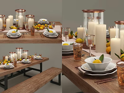 Elegant Dining Table Set With Plates Bowls Lemons Candles And Glassware 3d model