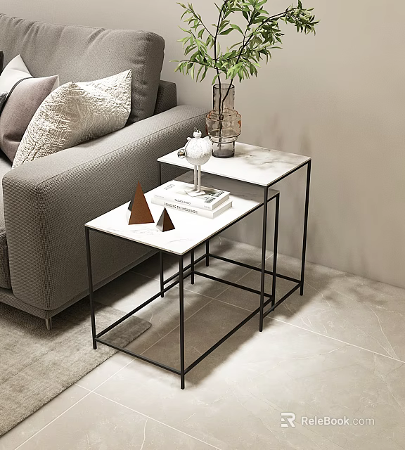 Modern Nesting Side Tables With White Tabletop Black Metal Frame And Decor Items By Sofa 3d model