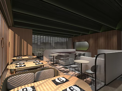 Elegant Modern Restaurant Interior With Wooden Walls Dining Tables And Seating 3d model