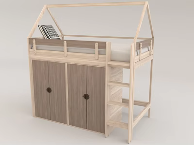 Wooden Kids House Shaped Bed With Storage Cabinets And Ladder 3d model