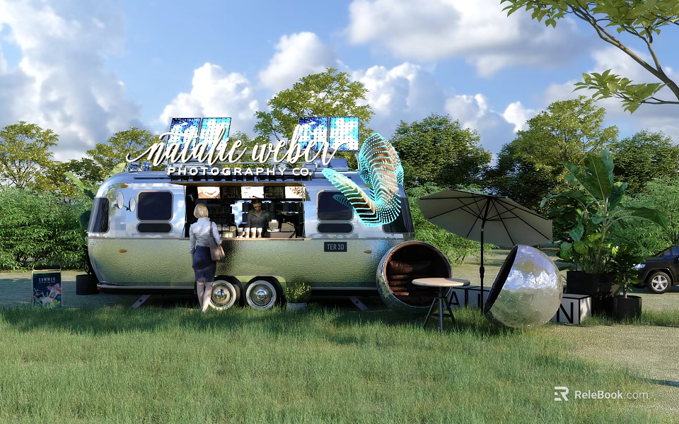 Stylish Hinged Door of Silver Food Truck in Outdoor Green Grass and Trees 3d model 