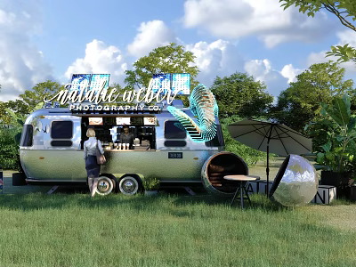 Stylish Hinged Door of Silver Food Truck in Outdoor Green Grass and Trees 3d model
