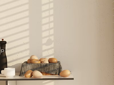 Brown Eggs On Cloth Pad With Sunlight And Black Pepper Grinder White Cup On Table 3d model