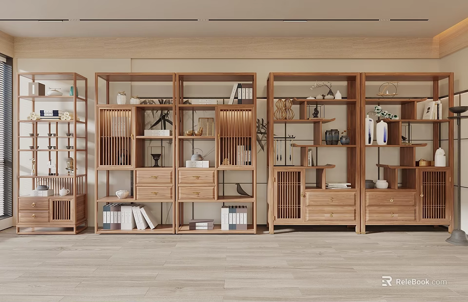 Modern Wooden Display Shelves Multiple Units In Interior With Books Vases And Decorative Items 3d model 