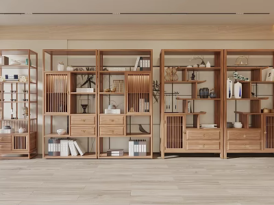 Modern Wooden Display Shelves Multiple Units In Interior With Books Vases And Decorative Items 3d model