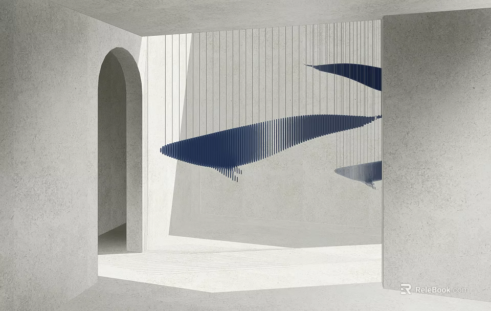 Hanging Blue Streamlined Art Installation In Gray Space With Arched Doorway 3d model 