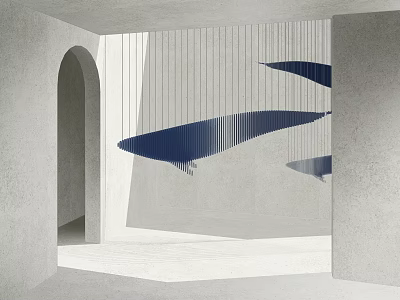 Hanging Blue Streamlined Art Installation In Gray Space With Arched Doorway 3d model