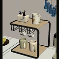 Wooden Sideboard with Black Metal Frame Mug Hooks and Decorative Mugs for Kitchen