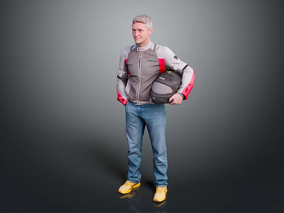 A Man Wearing Gray Jacket With Red Sleeves Holding Black Helmet Standing Against Dark Background 3d model