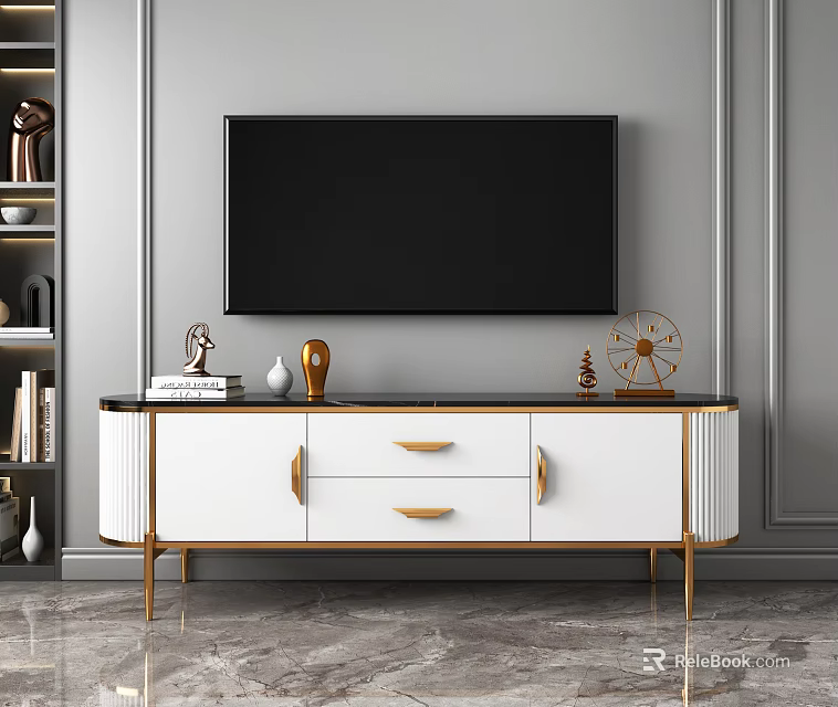 Modern TV Cabinet With White Drawers Gold Legs And Mounted TV In Living Room 3d model 