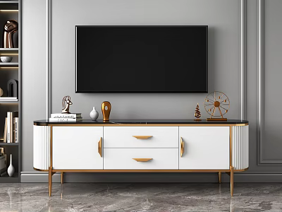Modern TV Cabinet With White Drawers Gold Legs And Mounted TV In Living Room 3d model
