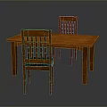 Rectangular Brown Wooden Dining Table With Two Backrest Chairs And Vertical Slats