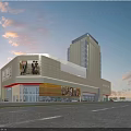 Modern High Rise Commercial Complex with Glass Facade Retail Area and Sunset Sky View