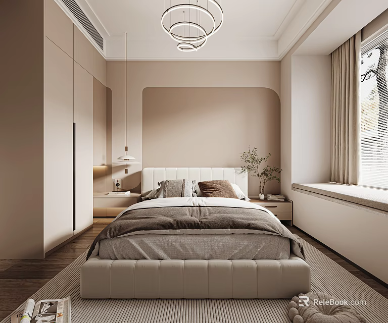Modern Beige Bedroom Interior With Platform Bed Chandelier Nightstand Plant Rug And Window Curtains 3d model 