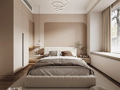 Modern Beige Bedroom Interior With Platform Bed Chandelier Nightstand Plant Rug And Window Curtains 3d model