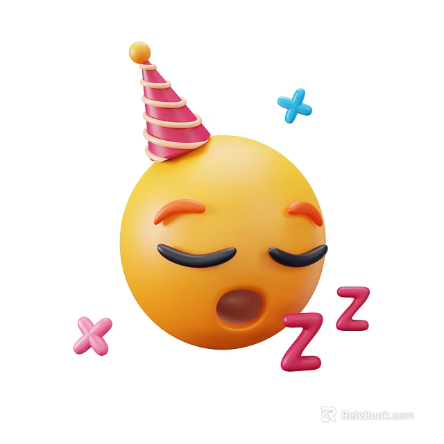 Sleeping Emoji With Pink Striped Party Hat Closed Eyes And Colorful Symbols 3d model 