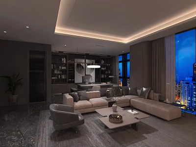 Modern Office Interior Design With Sofa Coffee Table Bookshelf And Floor to Ceiling Windows 3d model