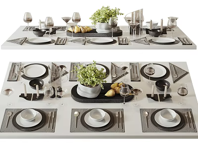 Modern Tableware Set with Plates Cutlery Wine Glasses Green Plant and Pears for Table Setting 3d model