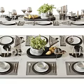 Modern Tableware Set with Plates Cutlery Wine Glasses Green Plant and Pears for Table Setting