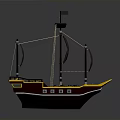 Pirate Ship Model With Black Sails Yellow Bow And Brown Hull On Gray Background