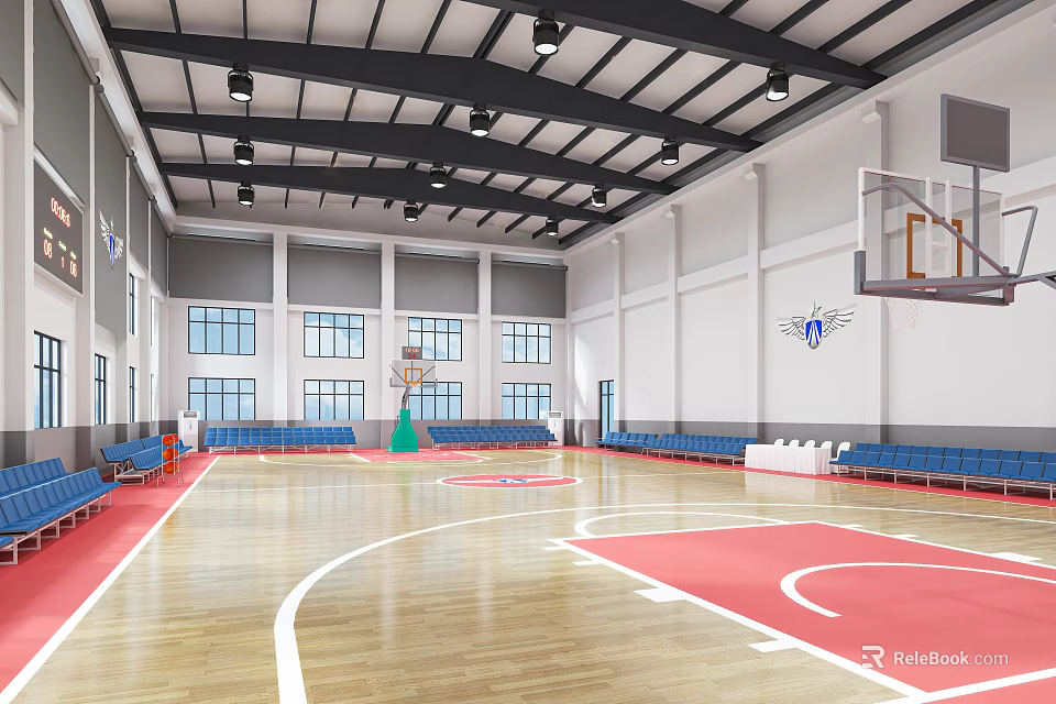 Indoor Basketball Court With Wooden Floor Blue Seats And Windows 3d model 