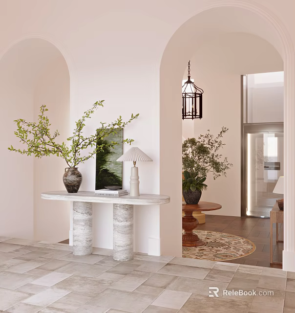 Stylish Foyer Hallway With Marble Console Table Green Plants And Lantern 3d model 
