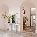 Stylish Foyer Hallway With Marble Console Table Green Plants And Lantern