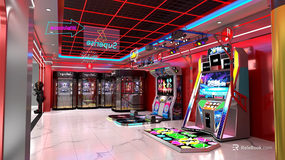 Spacious Arcade Featuring Neon Lights Game Machines Dance Machines Red Decor And Blue Lighting 3d model 