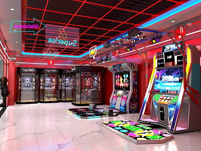 Spacious Arcade Featuring Neon Lights Game Machines Dance Machines Red Decor And Blue Lighting 3d model